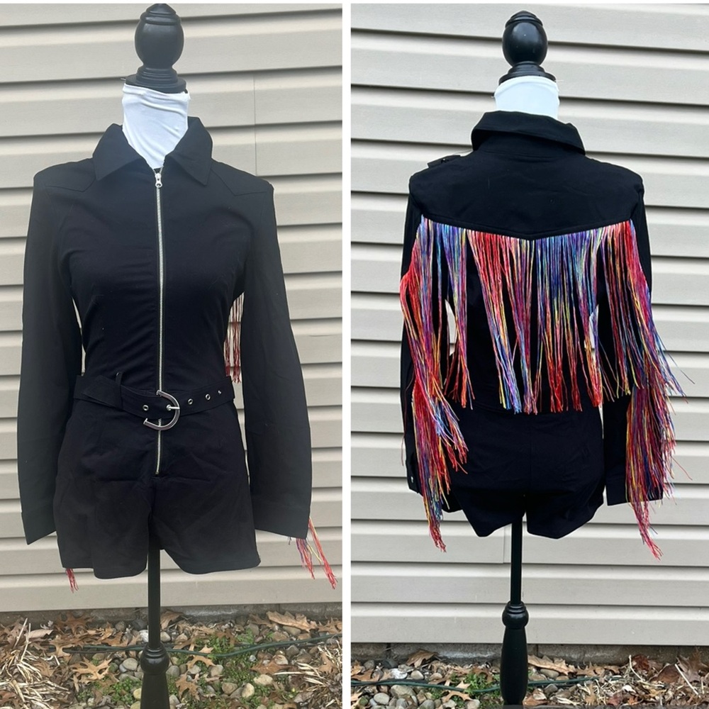 Target Black Zip Front Jumpsuit with Multicolor Fringe